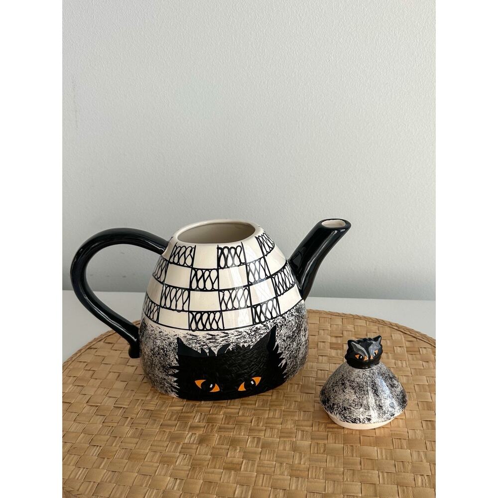 Cats by Nina Lyman black cat coffee teapot 9 in Amber eyes B&W‎ design Complete - Picture 4 of 16